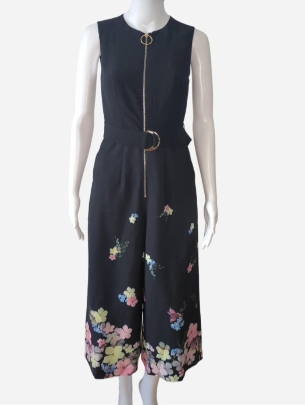 Ted Baker Pergola Zip black floral jumpsuit Gold accents Size 0 NWT